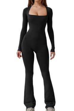 DONYKARRY Jumpsuits Für Damen Langarm Overalls Hosen Trainingsanzüge Hohe Taille Sportkleidung Damen Set Quadratischer Bodysuit Hals Breites Bein In voller (Schwarz,XXL) von DONYKARRY