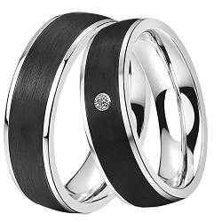 DOOSTI Damen Herren Ring Set Edelstahl Silber mit Einlage Carbon Schwarz als Partnerring Ehering Freundschaftsring Herrenring Damenring inkl. Gravur mit Namen (Ring ohne Zirkonia, 64) von DOOSTI