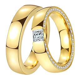 DOOSTI Ring Set Damen Herren Edelstahl Gelbgold vergoldet Partnerringe Verlobungsringe Paar Trauringe Hochzeit Freundschaftsringe Eheringe inkl. Gravur mit Namen (Ring mit Zirkonia, 54) von DOOSTI