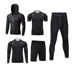 DOOXI Herren 5 Stücke Sport Anzug Schnell Trocken Joggen Kleidung Strumpfhosen Laufanzüge Kompression Shirt Gym Training Lauf Trainingsanzüge 2XL von DOOXI