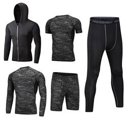 DOOXI Herren 5 Stücke Sport Anzug Schnell Trocken Joggen Kleidung Strumpfhosen Laufanzüge Kompression Shirt Gym Training Lauf Trainingsanzüge 2XL von DOOXI