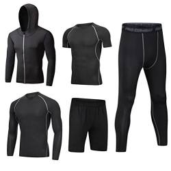 DOOXI Herren 5 Stücke Sport Anzug Schnell Trocken Joggen Kleidung Strumpfhosen Laufanzüge Kompression Shirt Gym Training Lauf Trainingsanzüge L von DOOXI