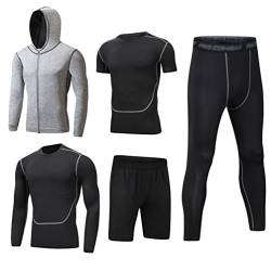 DOOXI Herren 5 Stücke Sport Anzug Schnell Trocken Joggen Kleidung Strumpfhosen Laufanzüge Kompression Shirt Gym Training Lauf Trainingsanzüge M von DOOXI