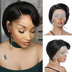 Kurze Pixie Cut Human Hair Bob Wigs for Black Women with Pre Plucked Hairline, Transparent T Part Lace Wig #1b von DOREN
