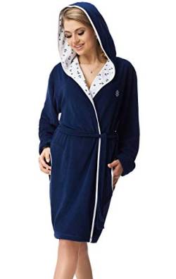 DOROTA trendiger und gemütlicher Damen Baumwoll-Bademantel mit Kapuze und Jackentaschen, made in EU, dunkelblau-Anker, Gr. L von DOROTA