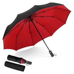 DORRISO Automatisches Öffnen Schließen Regenschirm Reise Windsicher Leicht Stabiler Regenschutz Dauerhafte Verstärkte Taschenschirm Herren Damen Reise Regenschirm Rot von DORRISO