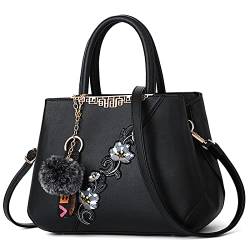 DORRISO Damen Handtasche Mode Stickdesign Schultertasche Große Kapazität Umhängetasche Casual Reise Handtasche PU Leder Top Griff Tasche für Frauen Schwarz A von DORRISO