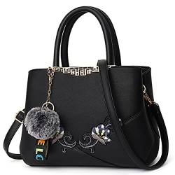 DORRISO Damen Handtasche Mode Stickdesign Schultertasche Große Kapazität Umhängetasche Casual Reise Handtasche PU Leder Top Griff Tasche für Frauen Schwarz B von DORRISO