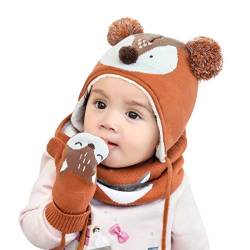 DORRISO Unisex-Baby Jungen Mädchen Mütze Schal Handschuh Set Niedlich Frühling Winter Herbst Beanie Strickmütze Warm Niedlich Klein Fuchs Wintermütze 1-6 Jahre alt Orange L von DORRISO