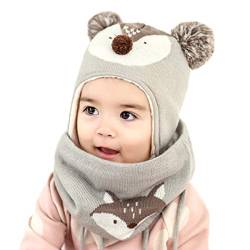 DORRISO Unisex-Baby Jungen Mädchen Mütze Schal Set Winter Herbst Frühling Beanie Strickmütze Niedlich Klein Fuchs Wintermütze, grau (48 cm) von DORRISO