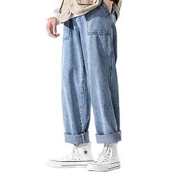 DOSLAVIDA Herren-Arbeitsjeans, lässig, Hip-Hop-Cargo-Hose, einfarbig, lockere Passform, gerade, weites Bein, Baumwoll-Denim-Hose mit Reißverschluss, B-Blau, X-Groß von DOSLAVIDA