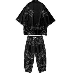 DOSLAVIDA Herren Japanische Kimono Jacke Set Stilvolle Offene Front Mantel Mit Shorts Chinesischen Stil Gedruckt Cardigan Anzüge, Hosen-schwarz 15, X-Large von DOSLAVIDA