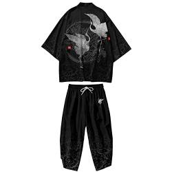 DOSLAVIDA Herren Japanische Kimono Jacke Set Stilvolle Offene Vorderseite Mantel Mit Shorts Chinesischen Stil Gedruckt Cardigan Anzüge, Hose-Schwarz 2, Large von DOSLAVIDA