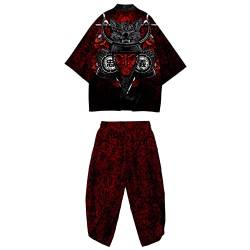 DOSLAVIDA Herren Japanische Kimono Jacke Set Stilvolle Offene Vorderseite Mantel Mit Shorts Chinesischen Stil Gedruckt Cardigan Anzüge, Hosen-Schwarz 8, Large von DOSLAVIDA