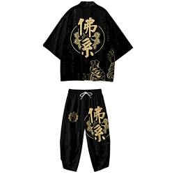 DOSLAVIDA Herren Japanische Kimono Jacke Set Stilvolle Open Front Mantel mit Shorts Chinesischer Stil Bedruckte Cardigan Anzüge, Pants-black 10, Large von DOSLAVIDA