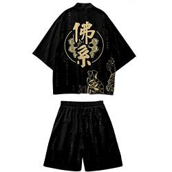 DOSLAVIDA Herren Japanische Kimono Jacke Set Stilvolle Open Front Mantel mit Shorts Chinesischer Stil Bedruckte Cardigan Anzüge, Shorts-black 10, Large von DOSLAVIDA