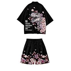 DOSLAVIDA Herren Japanische Kimono Jacke Set Stilvolle Open Front Mantel mit Shorts Chinesischer Stil Bedruckte Cardigan Anzüge, Shorts-black11, XX-Large von DOSLAVIDA
