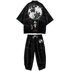 DOSLAVIDA Herren Japanischer Kimono Cardigan Anzug Chinesischer Stil Gedruckt Jacke Hosen Set Open Front Sieben Ärmel Top & Shorts, Style 5-schwarz, Large von DOSLAVIDA