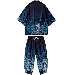 DOSLAVIDA Japanischer Kimono-Cardigan-Anzug, chinesischer Stil, bedruckte Jacke, Hose, Set vorne offen, sieben Ärmel, Oberteil und Shorts, Stil 21 - blau, Medium von DOSLAVIDA