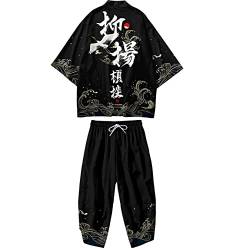 DOSLAVIDA Japanischer Kimono-Strickjacke für Herren, chinesischer Stil, bedruckte Jacke, Hosen-Set, offene Vorderseite, sieben Ärmel, Oberteil und Shorts, Style 3-schwarz, Medium von DOSLAVIDA