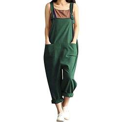 DOTBUY Damen Latzhose Jumpsuits Playsuit Overall mit Taschen Sommer Casual Elegant Loose Baggy Leinen Lange Wide Leg Hosen (L,Grün) von DOTBUY