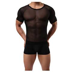 DOTBUY Sexy T-Shirt Herren Unterwäsche Transparent, Netzhemd Slim Fit Rundhalsausschnitt Kurze Ärmel Pyjamas Party Outfit (M, Schwarz) von DOTBUY