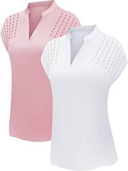 DOTIN Damen Golf-Poloshirt, kurzärmlig, V-Ausschnitt, schnelltrocknend, Tennis-Sport-Shirts, Workout-Tops, 2er-Pack, Rosa und Weiß, 2 Stück, Mittel von DOTIN