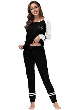 DOTIN Damen Schlafanzug Baumwolle Lange Pyjama Set Loungewear Hausanzug Nachtwäsche Zweiteiliger Sleepwear Schlafanzüge, Schwarz Langarm, M von DOTIN