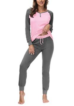 DOTIN Damen Schlafanzug Baumwolle Lange Pyjama Set V-Ausschnitt Nachtwäsche Hausanzug Zweiteiliger Sleepwear Loungewear, Grau+Pink, S von DOTIN