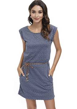 DOTIN Damen Sommerkleid Kurzarm Strandkleid Freizeitkleid Waves Tshirt Minikleid Jersey Kleid, Blau, L von DOTIN