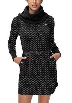 DOTIN Damen Sweatkleid Langarm Sweatshirt Pulloverkleid Rollkragen Hoodie Kleid Jumper Tops Kapuzenpulli, Schwarz Waves, XL von DOTIN