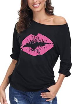 DOTIN Damen T-Shirt 80er Jahre Sexy Lippen Drucken One-Shoulder-Shirt Kurzarm Sommer Oberteil Casual Bluse Tops, Schwarz, L von DOTIN