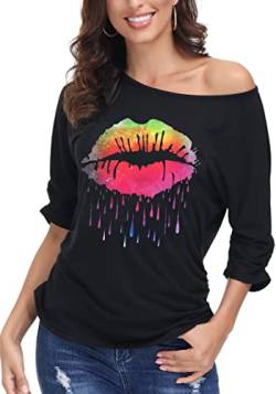 DOTIN Damen T-Shirt 80er Jahre Sexy Lippen Drucken One-Shoulder-Shirt Kurzarm Sommer Oberteil Casual Bluse Tops, Schwarz-5, L von DOTIN