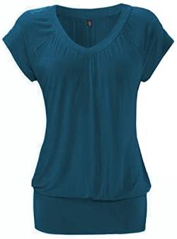 DOTIN Damen T-Shirt V-Ausschnitt Kurzarmshirt Causal Oberteil Falten Tops Stretch Tunika Basic Tee, Blau, L von DOTIN