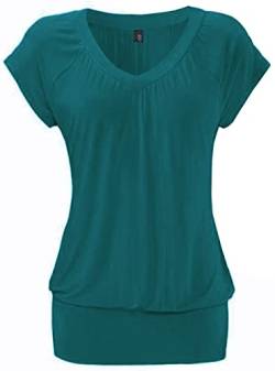DOTIN Damen T-Shirt V-Ausschnitt Kurzarmshirt Causal Oberteil Falten Tops Stretch Tunika Basic Tee, Grün, M von DOTIN