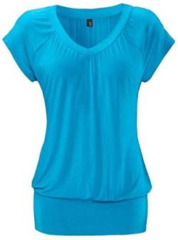 DOTIN Damen T-Shirt V-Ausschnitt Kurzarmshirt Causal Oberteil Falten Tops Stretch Tunika Basic Tee, Himmel Blau, L von DOTIN