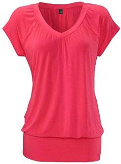 DOTIN Damen T-Shirt V-Ausschnitt Kurzarmshirt Causal Oberteil Falten Tops Stretch Tunika Basic Tee, Koralle, M von DOTIN