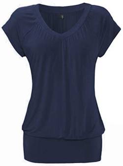 DOTIN Damen T-Shirt V-Ausschnitt Kurzarmshirt Causal Oberteil Falten Tops Stretch Tunika Basic Tee, Navy Blau, L von DOTIN