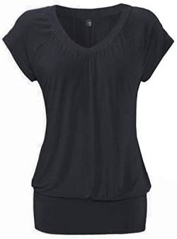 DOTIN Damen T-Shirt V-Ausschnitt Kurzarmshirt Causal Oberteil Falten Tops Stretch Tunika Basic Tee, Schwarz, M von DOTIN