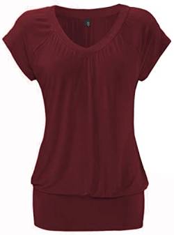 DOTIN Damen T-Shirt V-Ausschnitt Kurzarmshirt Causal Oberteil Falten Tops Stretch Tunika Basic Tee, Weinrot, L von DOTIN