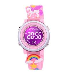 DOTODO Spielzeug-Geschenke für 3 4 5 6 Jahre alte Kinder, Armbanduhr für Mädchen im Alter von 3 bis 10 Jahren mit wasserdichten LED-Lichtern Alarm – beste Geschenke, Einhorn pink, Riemen von DOTODO