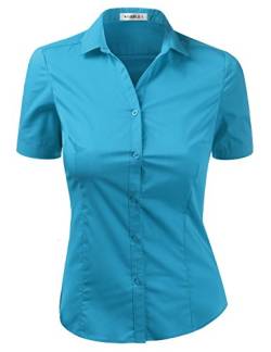 DOUBLJU Basic Slim Fit Shirts Kurzarm Baumwolle Button Down Kragen Elegant Casual Daily Bluse für Damen mit Übergröße, Türkis/Ausflug, einfarbig (Getaway Solids), Klein von DOUBLJU
