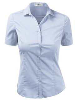 Doublju Damen Slim Fit Plain Classic Kurzarm Knopfleiste Hemd Bluse - Blau - 3X von DOUBLJU