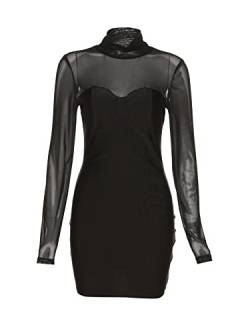 DOUCIU Damen Sexy Mesh durchsichtige Kleider Langarm Midi Bodycon Party Club Kleid Einfarbig Hoher Kragen Rock, Schwarz, Klein von DOUCIU