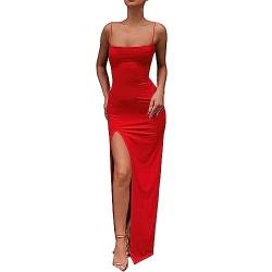 DOUCIU Damen Spaghetti-Trägerkleid, fester Saum, hoch geteilt, figurbetonte Kleider, rot, Groß von DOUCIU