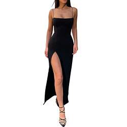 DOUCIU Damen Spaghetti-Trägerkleid, fester Saum, hoch geteilt, figurbetonte Kleider, schwarz, Groß von DOUCIU