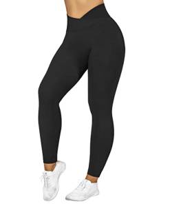 DOULAFASS Crossover Waist Scrunch Leggings Damen Push Up Sport Leggings Seamless V Kreuz Taille Gym Leggings Schwarz M von DOULAFASS