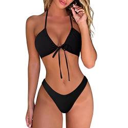 DOULAFASS Damen Bikini Set Sexy Bikini Brazilian Style Niedriger Taille String Triangel 2tlg Bikini Schwarz XL von DOULAFASS