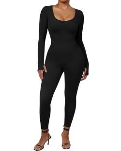 DOULAFASS Nahtloser Gerippter Langarm Jumpsuit Damen Eng Square Neck Bauch Weg Full Body Einteiler Yoga Sport Body Romper Schwarz L von DOULAFASS