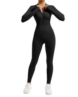 DOULAFASS Reißverschluss Full Body Jumpsuit Damen Langarm Yoga Einteiler Sport Romper Gerippte All In One Bodycon Jumpsuit von DOULAFASS